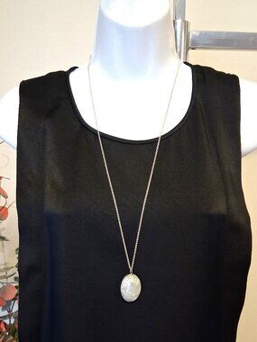 NWOT Bauxo Eco-Chic White Oval Pendant Long Silver-Plated Necklace